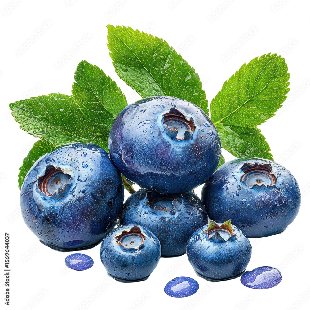 Obraz premium Fresh Blueberries with Water Droplets and Green Leaves on White Background for Healthy Eating and Cooking Concepts transparent background
