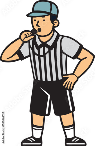 Color vector cartoon of a referee blowing a whistle with hand on hip. Friendly and modern style for sports illustrations.