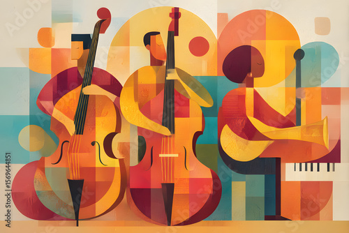 Jazz Trio Performing on Stage with Double Basses. Abstract retro illustration or poster