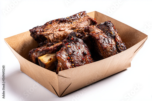 Smoked barbecue ribs isolated on white background, Selective focus grilled beef ribs in carton tray on white background, Texas style barbecue with smoked short ribs.