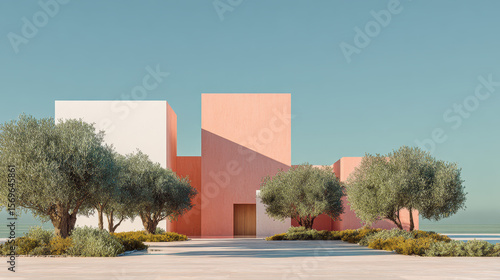 Modern Architectural Harmony: An eye-level view presents a meticulously designed architectural marvel, where clean lines meet the tranquil beauty of nature.