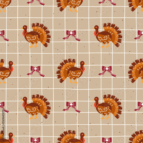 Seasonal seamless pattern with traditional Thanksgiving motifs. Includes pumpkins, foliage, and turkey icons, ideal for holiday packaging and fabric