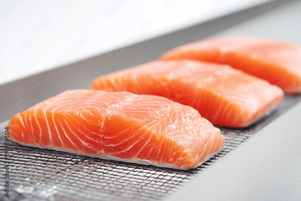 Fresh salmon filet on conveyor belt in industrial plant factory, Selective focus salmon in mass production line process isolated on white background. Fresh salmon filet on conveyor belt in industrial plant factory, Selective focus salmon in mass production line process isolated on white background.
