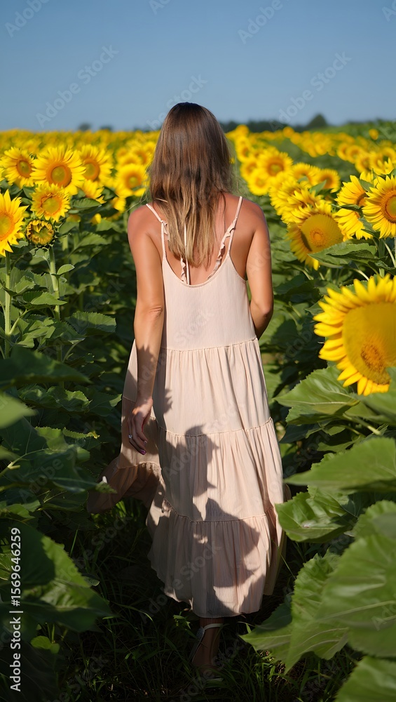 Fototapeta premium Woman walks through a vibrant sunflower field in a flowing summer dress, enjoying the beauty of the sunny day.