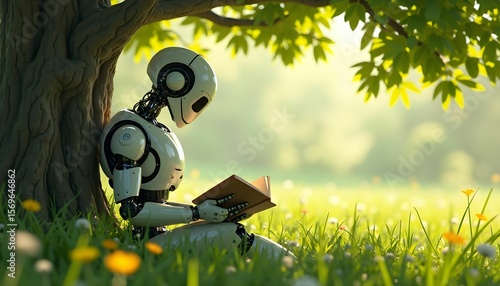 Wallpaper Mural Robot reading book under tree in nature park meadow ai generated future technology leaf Torontodigital.ca