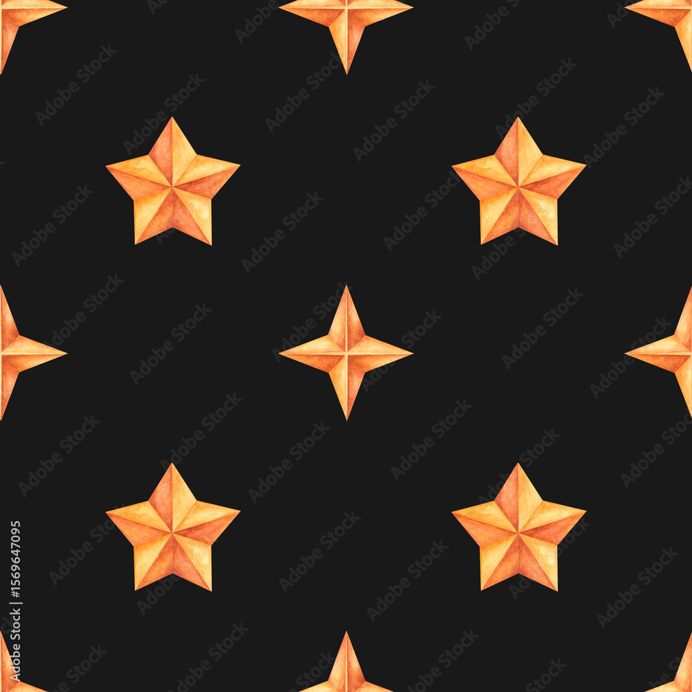 Obraz premium Watercolor seamless pattern with orange stars on a black background. Hand-painted celestial shapes create a warm contrast, ideal for dark-themed designs and festive wrapping paper.