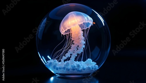 Glowing jellyfish in glass bowl aquarium marine life ocean underwater sea creature art design