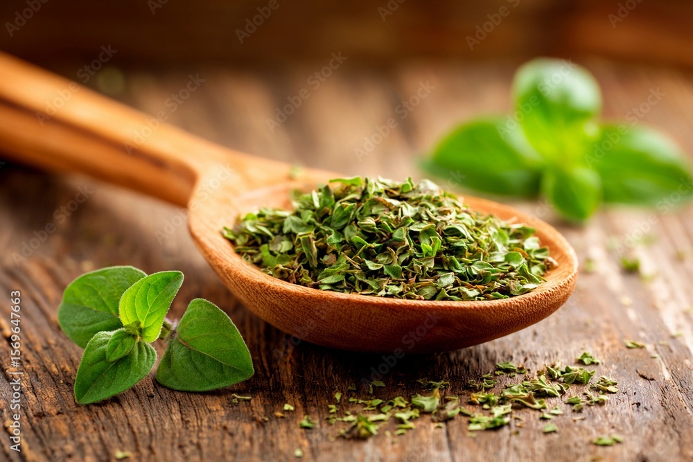 A wooden spoon holds dried oregano leaves, showcasing their green color and texture. Fresh oregano sprigs add a vibrant touch to the rustic wooden table setting A wooden spoon holds dried oregano leaves, showcasing their green color and texture. Fresh oregano sprigs add a vibrant touch to the rustic wooden table setting