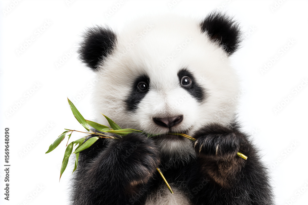 Naklejka premium Portrait of panda eating bamboo shoot isolated on white background.