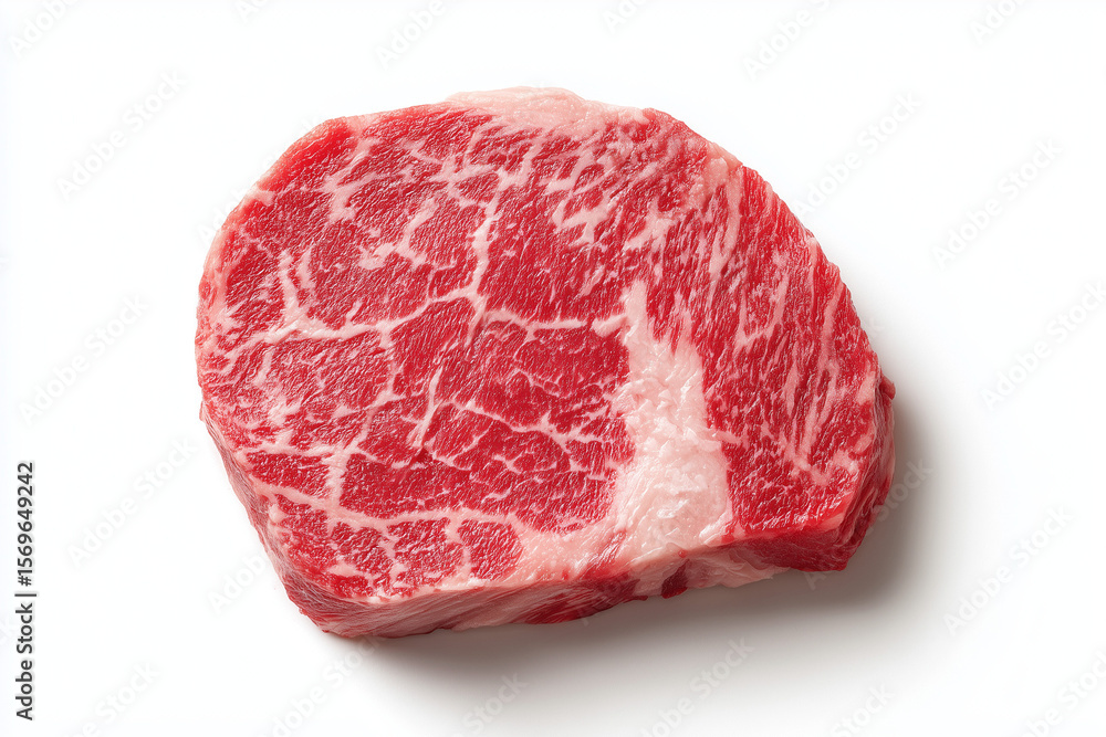 Fototapeta premium High marbling score beef isolated on white background, Selective focus wagyu tenderloin with fatty marbling on white background, Korean hanwoo beef.