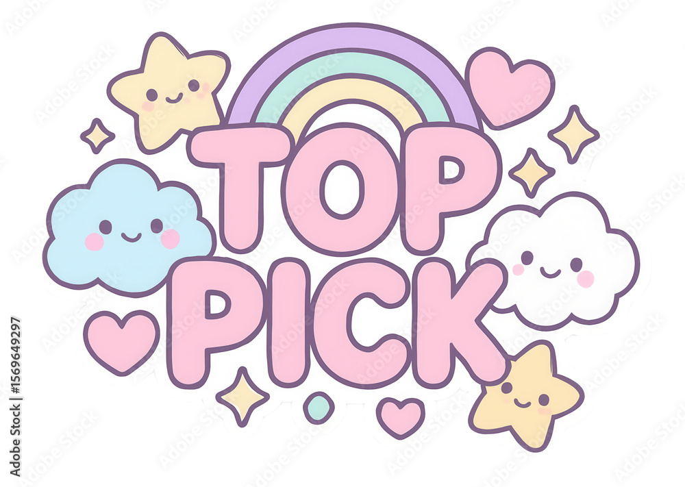 Pastel cloud-shaped sticker with TOP PICK text, featuring cute kawaii design, perfect for promotional retail use on transparent background. Pastel cloud-shaped sticker with TOP PICK text, featuring cute kawaii design, perfect for promotional retail use on transparent background.