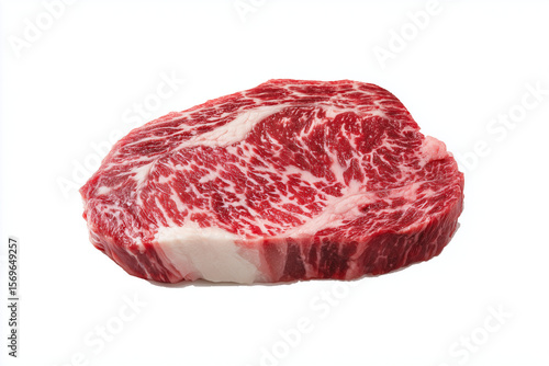 High marbling score beef isolated on white background, Selective focus wagyu rib eye with fatty marbling on white background, Korean hanwoo beef.