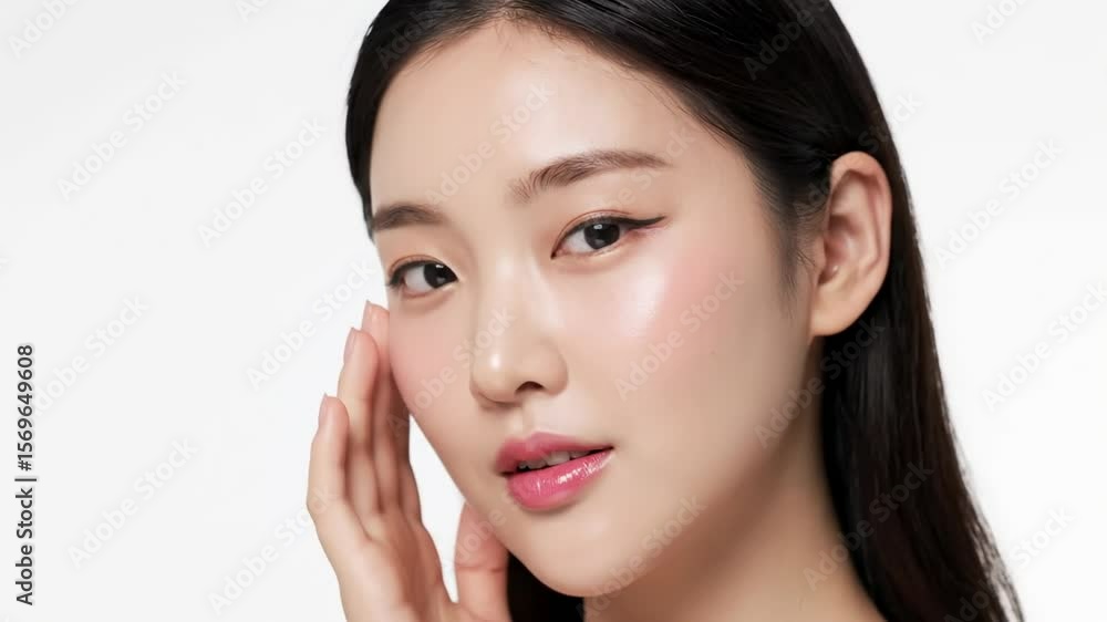 A woman with glossy skin dark hair and pink lips poses against a white background touching her face A woman with glossy skin dark hair and pink lips poses against a white background touching her face