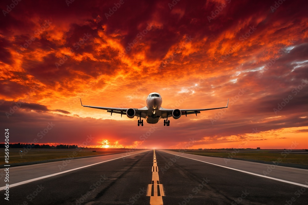 Fototapeta premium Airplane landing on an airport runway at sunset. A dramatic, fiery orange sky creates a spectacular background for travel and aviation.genrative ai 