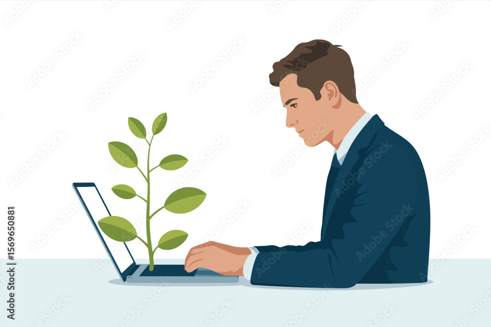 Businessman using laptop with plant growing from screen business growth concept ai generated vector Businessman using laptop with plant growing from screen business growth concept ai generated vector