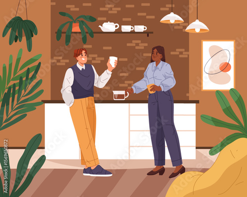 Office coffee break. Vector man and woman chatting at workplace. Colleagues communicate during pause at corporate place. Social informal meet at work, job. Indoor breakroom. Friendly company breaktime