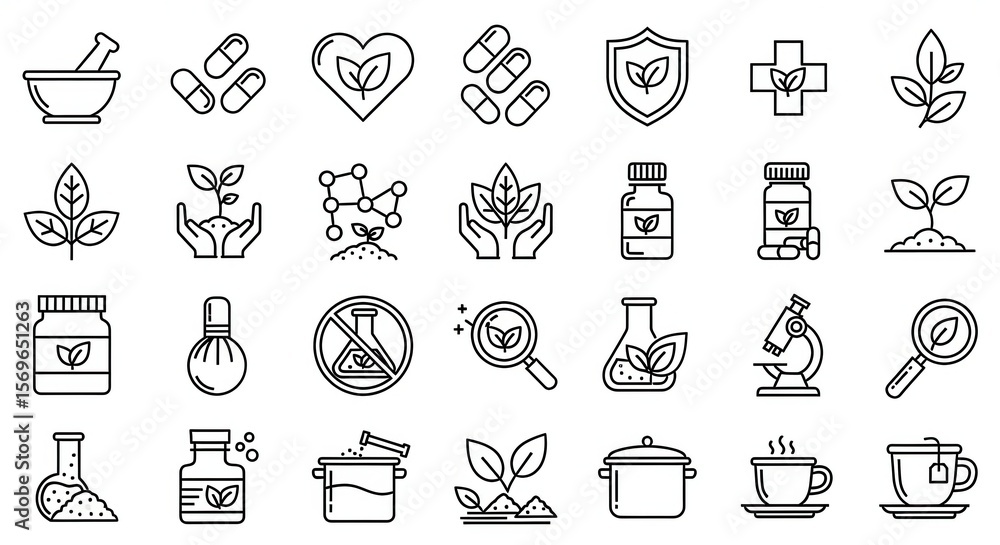 Black outline showcases herbal supplement icons, revealing a transparent background in detail Black outline showcases herbal supplement icons, revealing a transparent background in detail