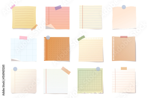 Vector set of paper stickers or sticky notes for planner or office. Collection of adhesive labels or empty write surface, memo tag. School reminder or blank scrapbook clipart. Blank notebook page, tag