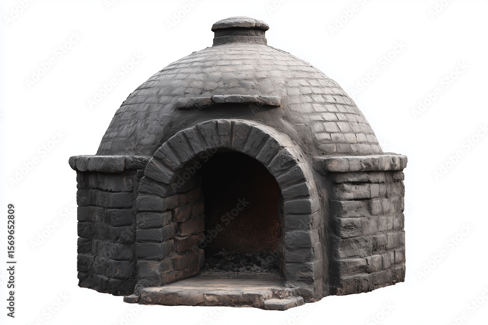 Fototapeta premium Primitive brick charcoal kiln isolated on white background, Selective focus black charcoal oven on white background.