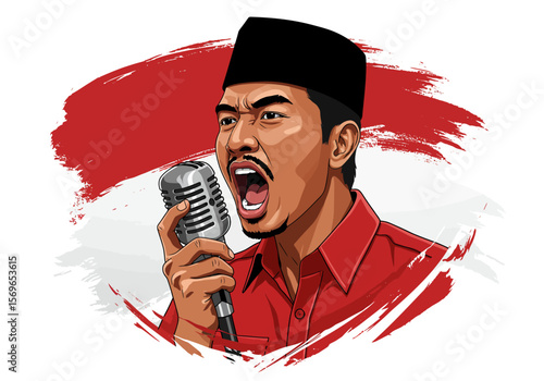 Modern graphic vector portrait of Indonesian hero Bung Tomo giving a speech.