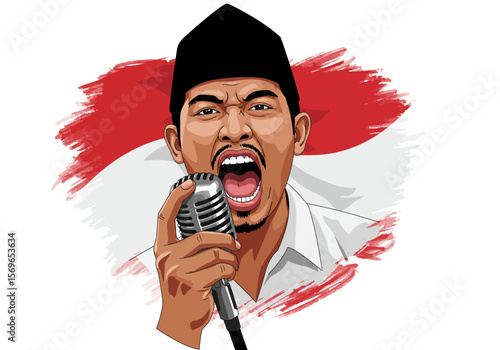 Modern graphic vector portrait of Indonesian hero Bung Tomo giving a speech.