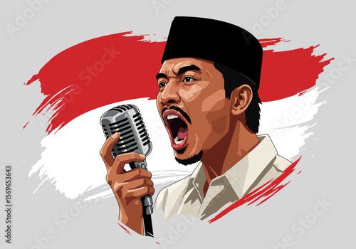 Modern graphic vector portrait of Indonesian hero Bung Tomo giving a speech.