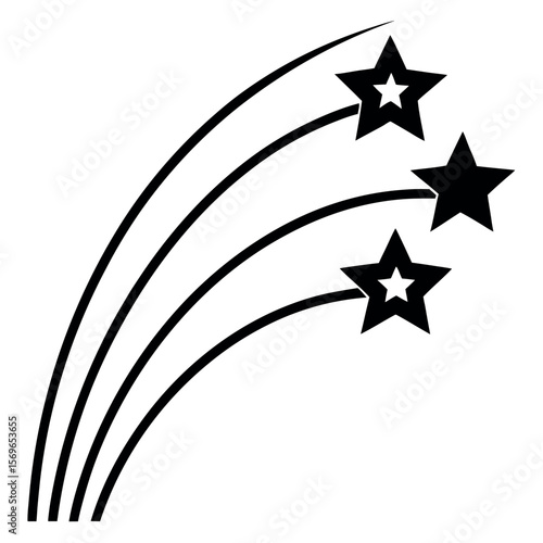 Three black shooting stars with trails on white background isolated on white background