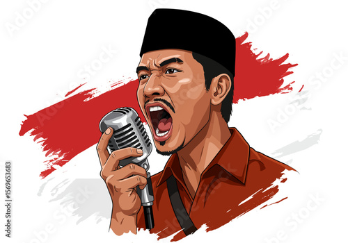 Modern graphic vector portrait of Indonesian hero Bung Tomo giving a speech.