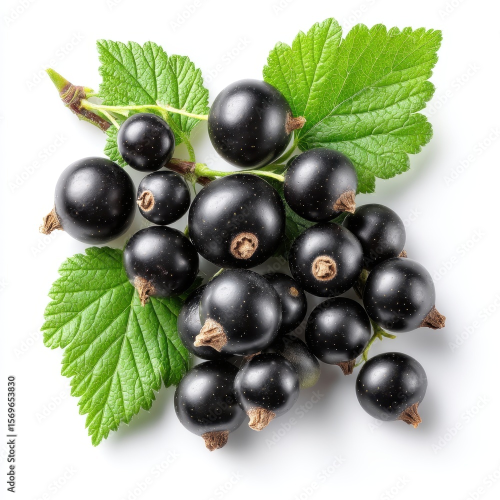 Fresh blackcurrants with green leaves on a white background. Fresh blackcurrants with green leaves on a white background.