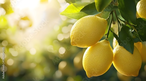 Ripe yellow lemons hanging on a tree branch in a sunny lemon grove orchard with copy space perfect for text and advertising showcasing fresh citrus fruit.
