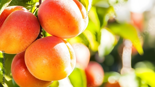 Juicy ripe nectarines hang heavy on a branch in a sunlit orchard providing ample copy space for text perfect for a farm fresh produce advertisement or packaging design.