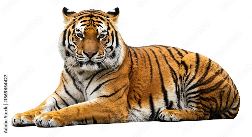 Obraz premium Striking Orange Striped Tiger Resting on White Background