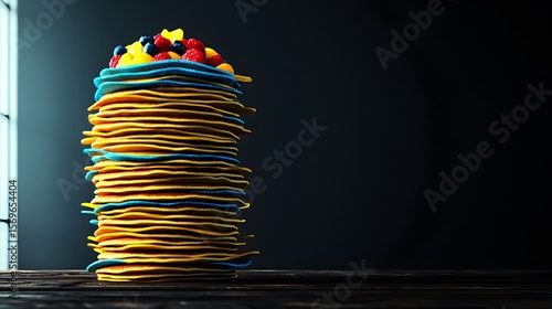 A towe stack of golden and blue pancakes, adorned with a vibrant mix of fresh blueberries, raspberries, and yellow star-shaped fruit, sits on a rustic wooden table against a