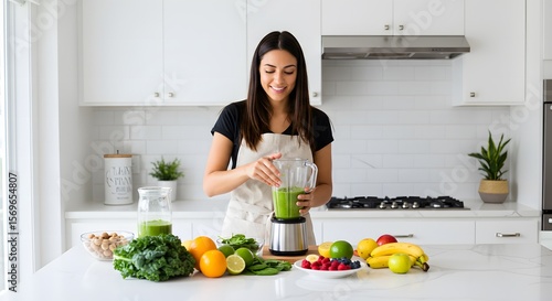 Young woman making green smoothie in modern kitchen with fresh fruits and vegetables, healthy eating and lifestyle concept