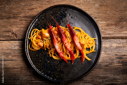 Spaghetti with red mazara prawns
