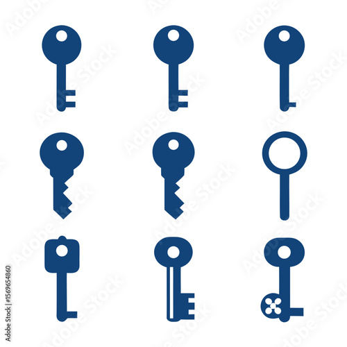 Collection of blue keys on a white background object symbol