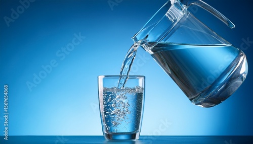 fresh water pouring from pitcher into clear glass on blue background