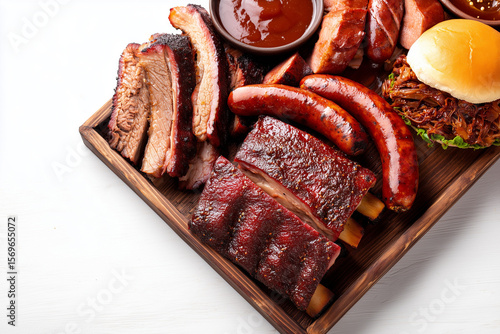 Set of smoked barbecue brisket in tray isolated on white background, Texas barbecue style braised pork, sausage, bun and smoked brisket on white background, Tender and rich of flavor barbecue grilled.