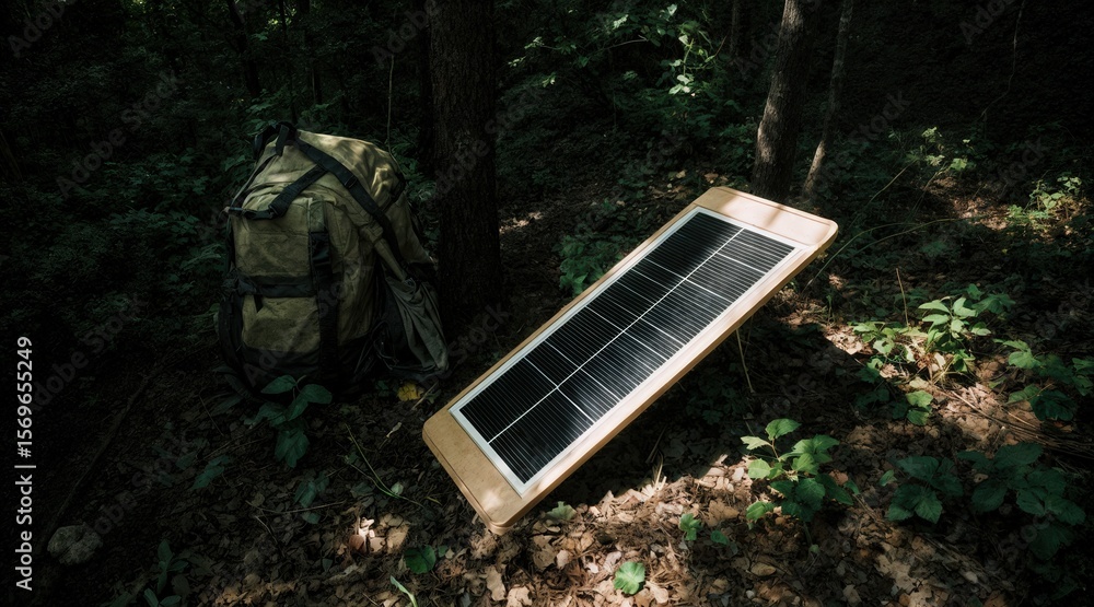 Fototapeta premium Portable solar panel in forest near backpack under morning light