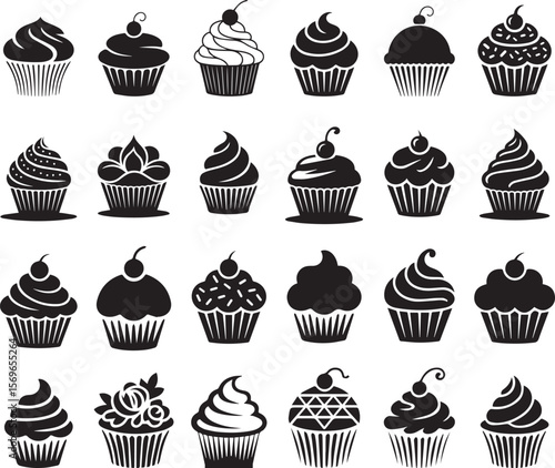 Cupcake black silhouette set flat vector illustration icon collections