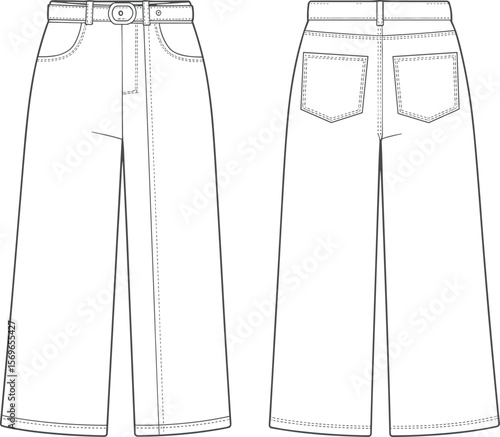 High waist wide leg denim pants flat sketch with pockets and belt, cad drawing flat vector illustration for fashion design