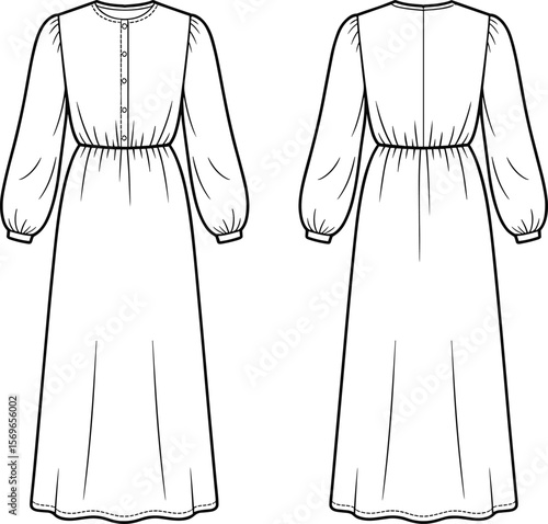 Modest long sleeve maxi dress with front buttons and gathered waist, cad drawing flat vector illustration fashion template