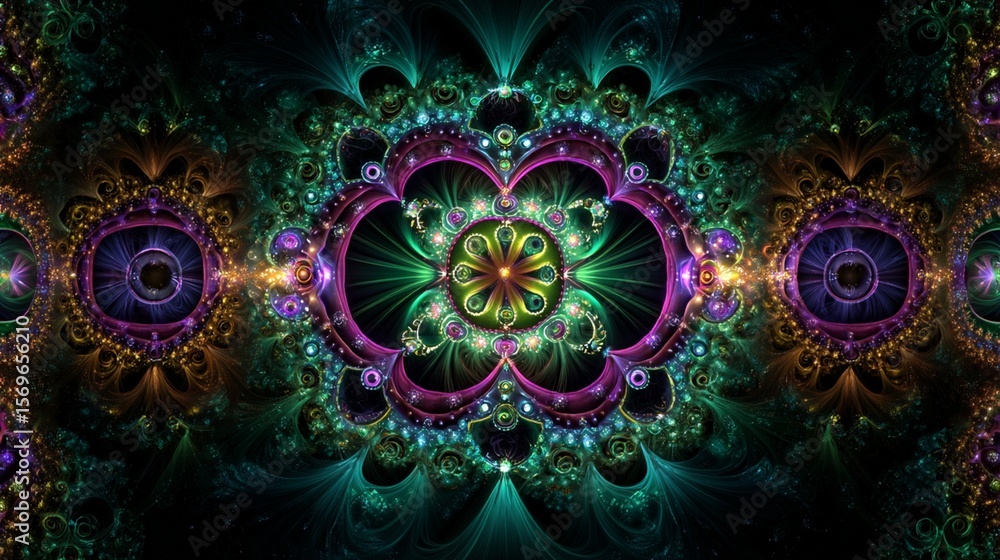 Fototapeta premium Intricate fractal pattern with vibrant neon hues and symmetrical design