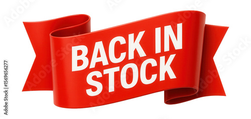 Glossy red ribbon banner with BACK IN STOCK in bold text, striking retail promotion on transparent background.