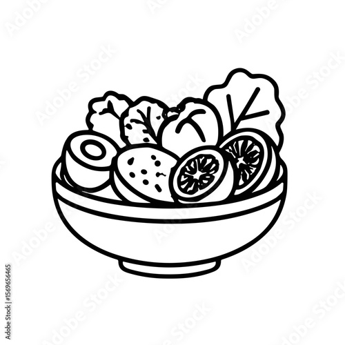 A black and white illustration of a bowl filled with fresh, healthy salad ingredients.