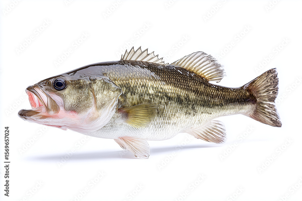 Fototapeta premium Selective focus bass fish isolated on white background, Edible freshwater fish on white background.