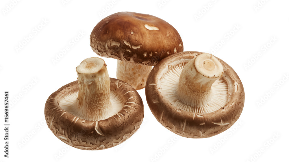 A high-resolution photograph of three fresh shiitake mushrooms against a pure white background A high-resolution photograph of three fresh shiitake mushrooms against a pure white background