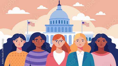 Strong and diverse women standing united in front of the US Capitol building advocating for gender equality