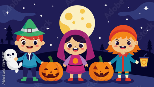 Happy children in Halloween costumes standing with carved pumpkins under the full moon at night