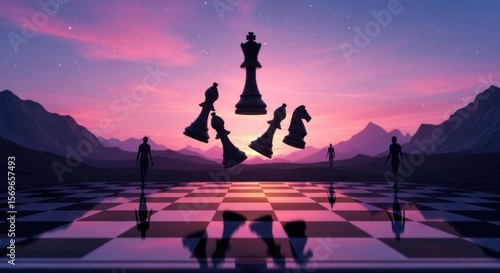Surreal Chess Game Under a Cosmic Sunset Sky